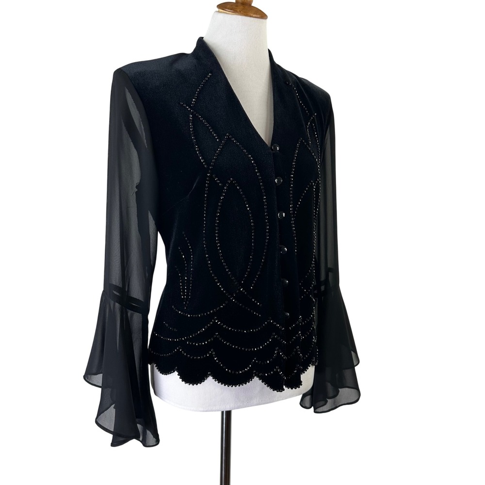 J.R. Nites by Caliendo Black Velvet Beaded Bell Sleeve Blouse Gothic Womens 12